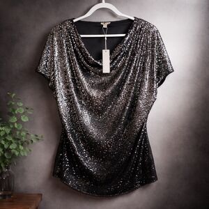 NWT Spense Glittering Silver And Black Ombre Sequin Blouse XL